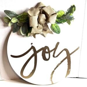 White And Gold Joy Holiday Sign Floral Bow Wooden Door Hanger Christmas Decor